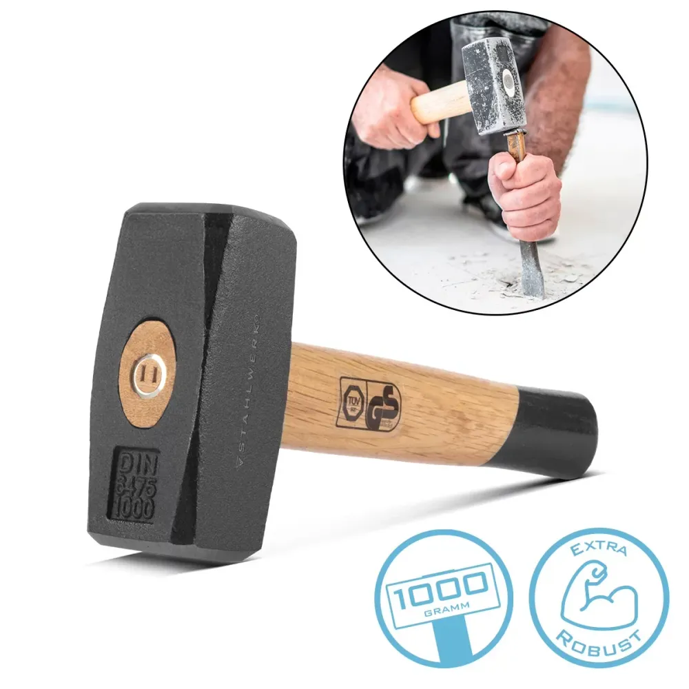 Fistel en acier avec 1000 g Hammerkopf | Marteau à plaque en acier carbone durci et laqué | Hammer de haute qualité avec u...