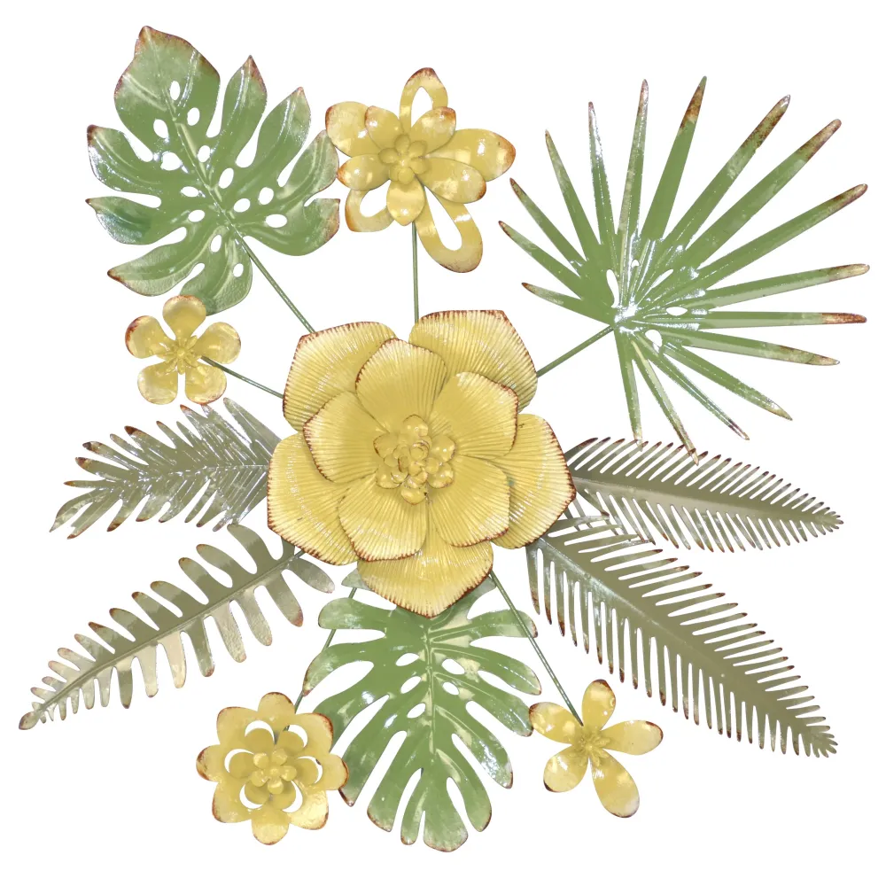 Décoration murale motif feuille et fleur en métal vert et or 67x5x67 cm DEC05072