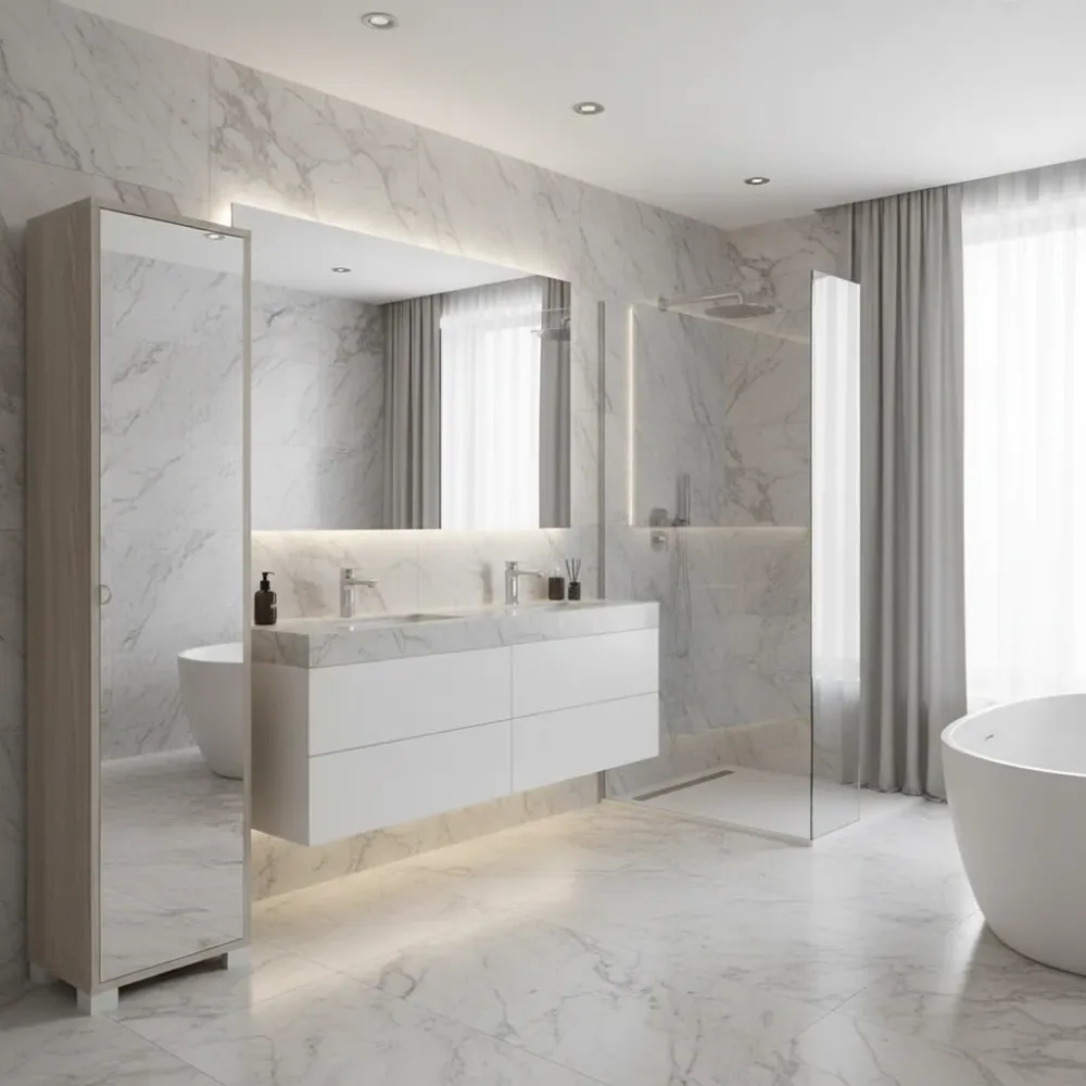 Colonne de salle de bain mobile 1 porte finition structure Orme Net / finition avant miroir naturel par Sarmog