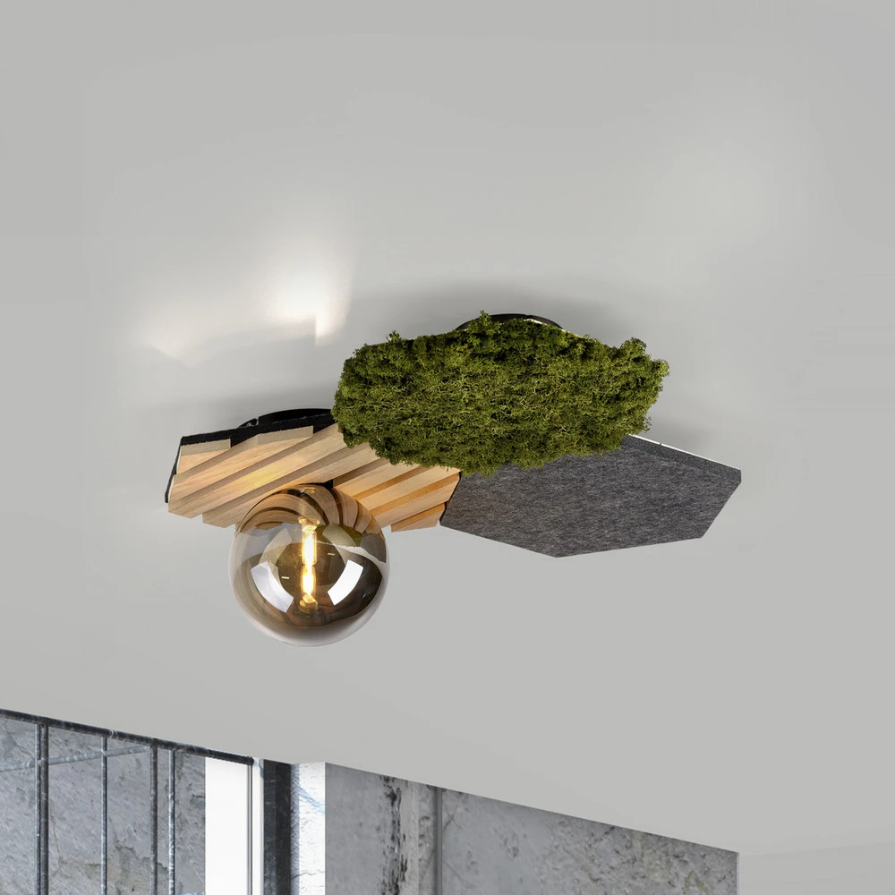 JUST LIGHT. Plafonnier Vert jade Hex, fer, bois, mousse