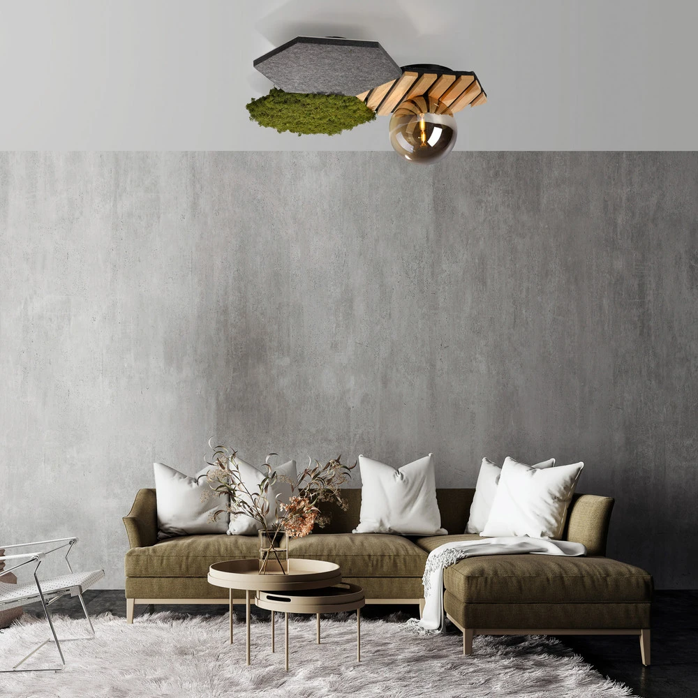 JUST LIGHT. Plafonnier Vert jade Hex, fer, bois, mousse