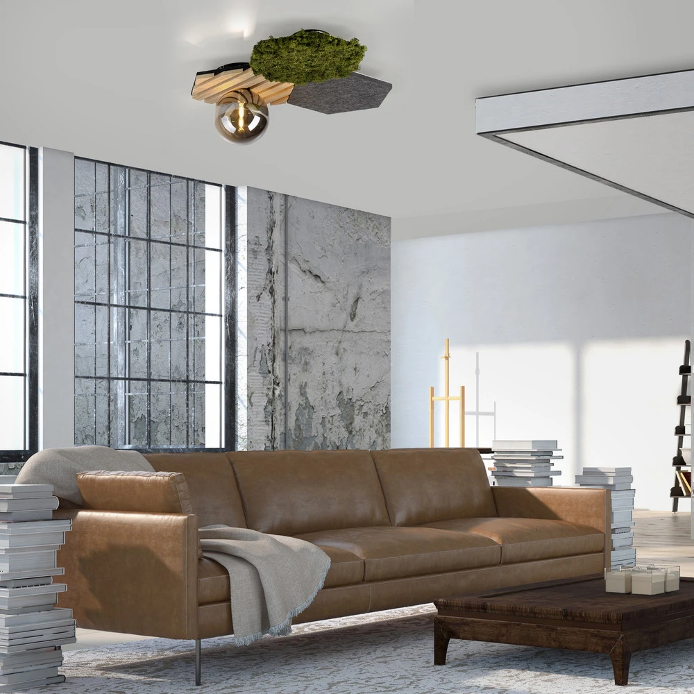 JUST LIGHT. Plafonnier Vert jade Hex, fer, bois, mousse