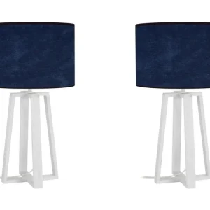 Pair de Lampes de chevet colonne bois blanc,velour bleu 50 cm.