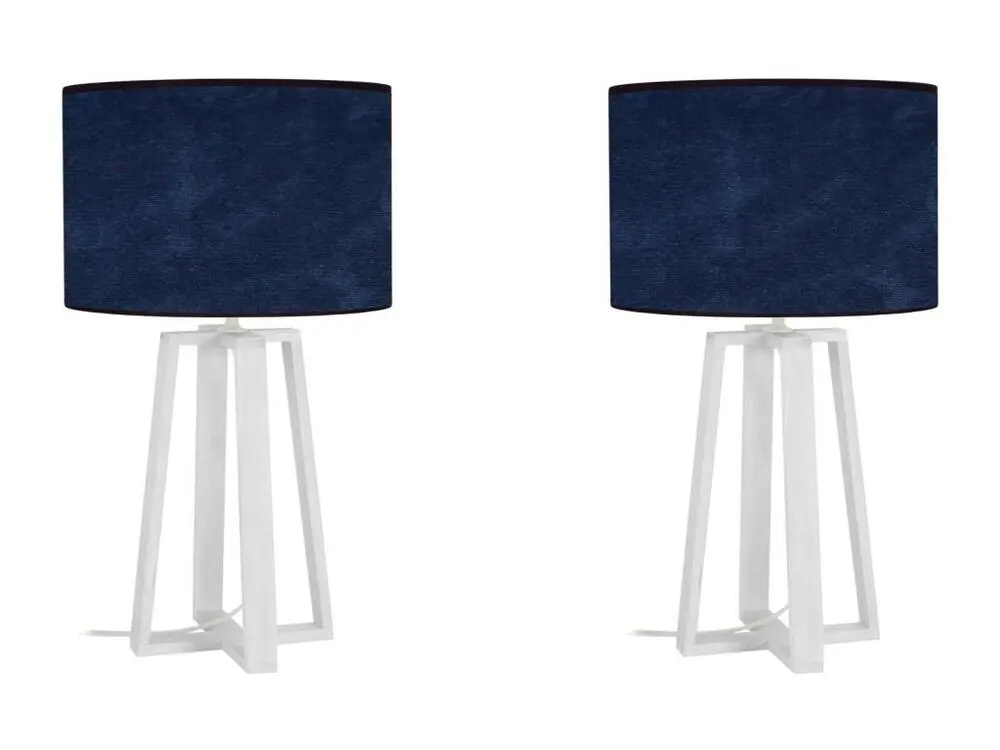Pair de Lampes de chevet colonne bois blanc,velour bleu 50 cm.