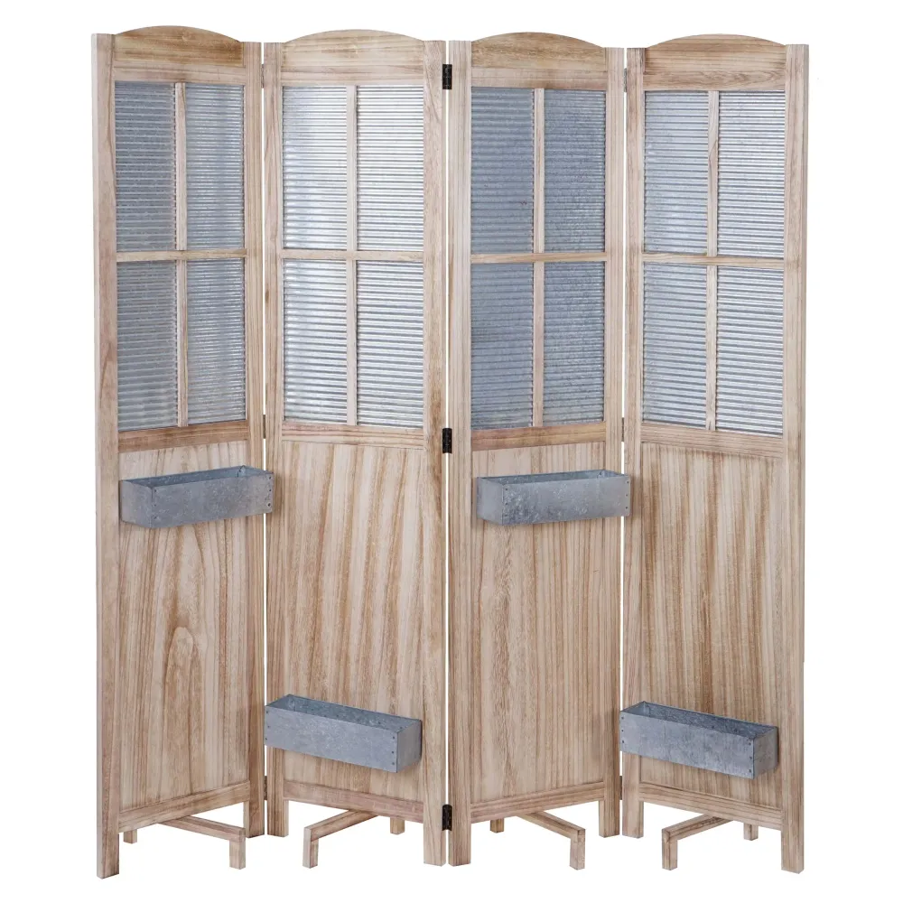 Paravent 4 panneaux avec 4 jardinières amovibles séparateur de pièce cloison de séparation en bois et métal 170x161x29cm 0...