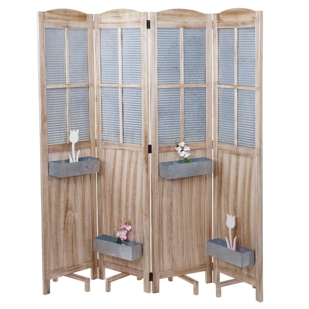 Paravent 4 panneaux avec 4 jardinières amovibles séparateur de pièce cloison de séparation en bois et métal 170x161x29cm 0...