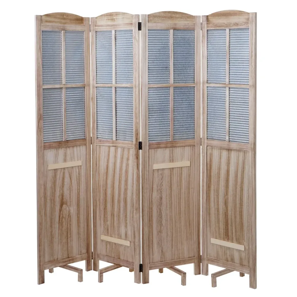 Paravent 4 panneaux avec 4 jardinières amovibles séparateur de pièce cloison de séparation en bois et métal 170x161x29cm 0...
