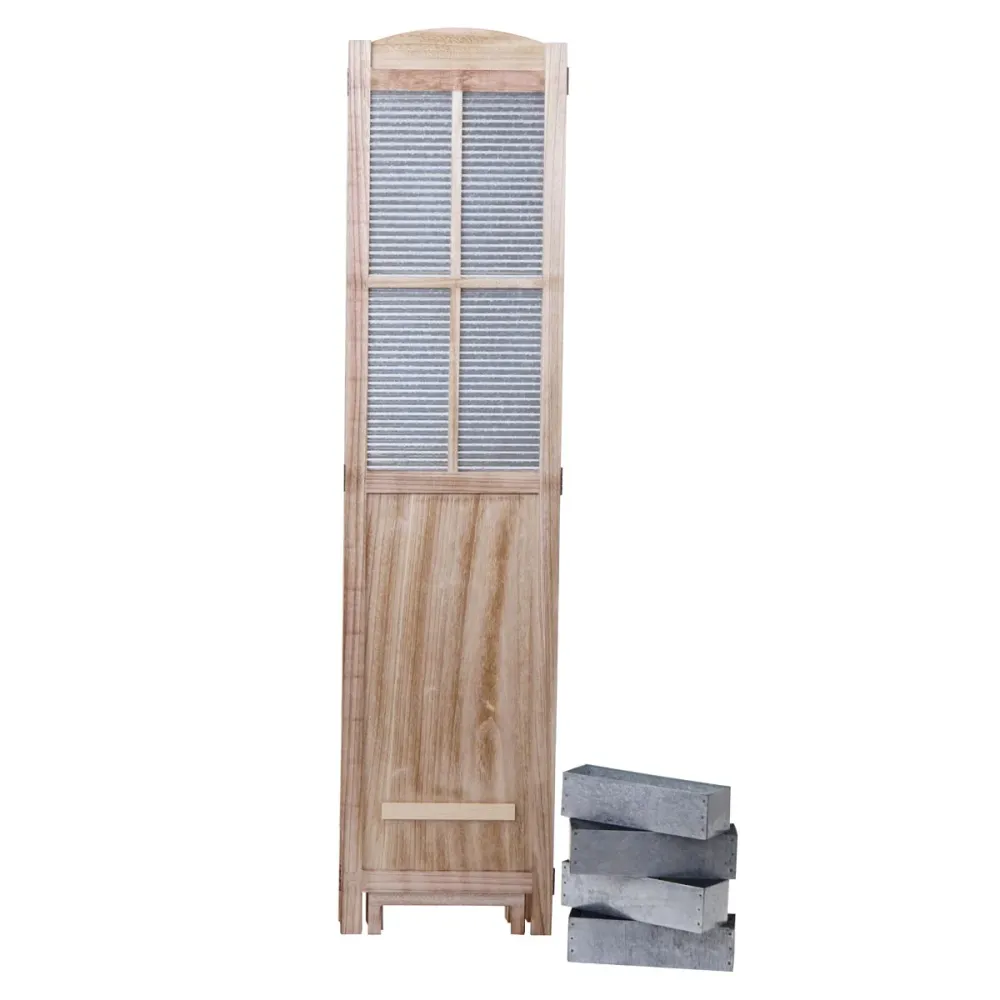 Paravent 4 panneaux avec 4 jardinières amovibles séparateur de pièce cloison de séparation en bois et métal 170x161x29cm 0...