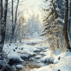 Toile de fond Neige Ruisseau Hiver êt Corbeau MRR7-178