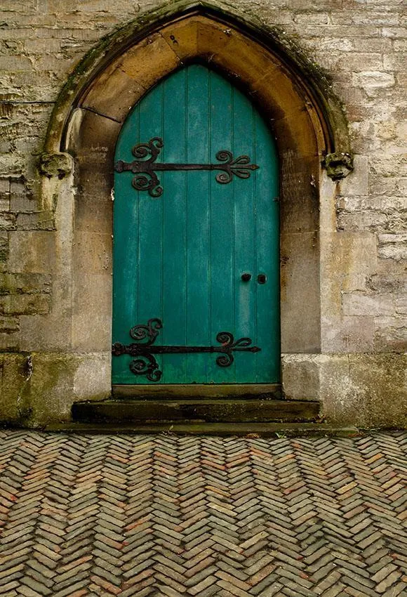 Toile de fond photo de mur en pierre de porte verte ancienne S-2642