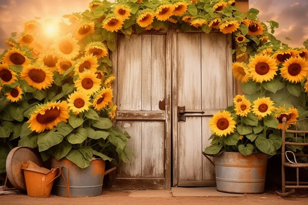 Toile de Fond de Porte en Bois avec Couronne de Tournesols d'Automne RR7-139