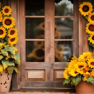 Toile de Fond de Porte de Grange en Bois avec Tournesols d'Automne RR7-136