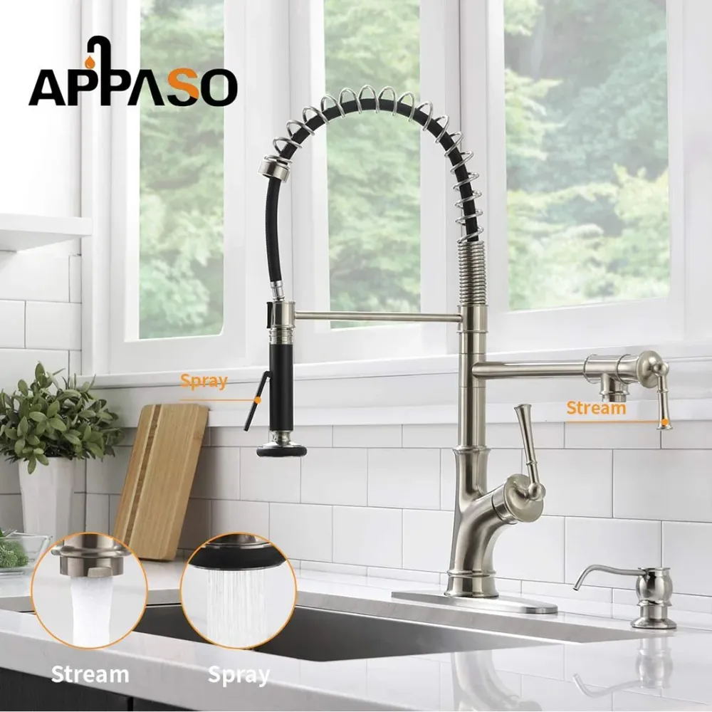 APPASO Moderne Commercial Robinet de cuisine à tirette arc élevé ressort Nickel Brossé 139BN