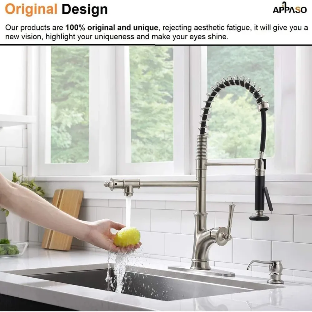 APPASO Moderne Commercial Robinet de cuisine à tirette arc élevé ressort Nickel Brossé 139BN