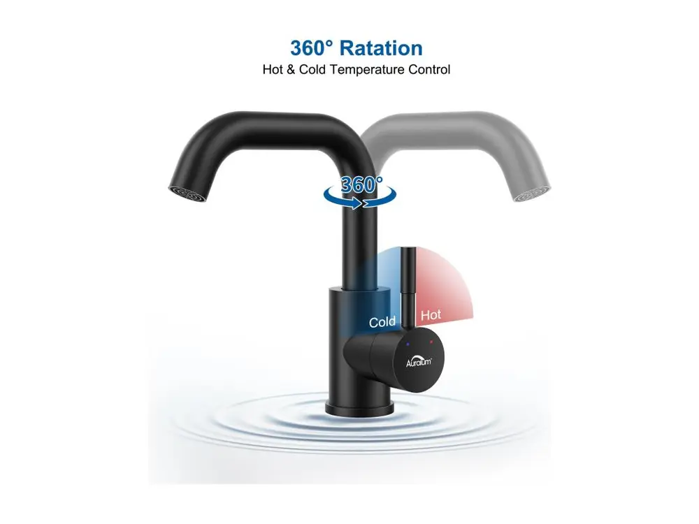 AuraLum Max 2cps Robinet Lavabo Noir avec Barboteur Démotable, Rotation à 360° , Mitigeur Salle Bain en Laiton, Haut de 25...