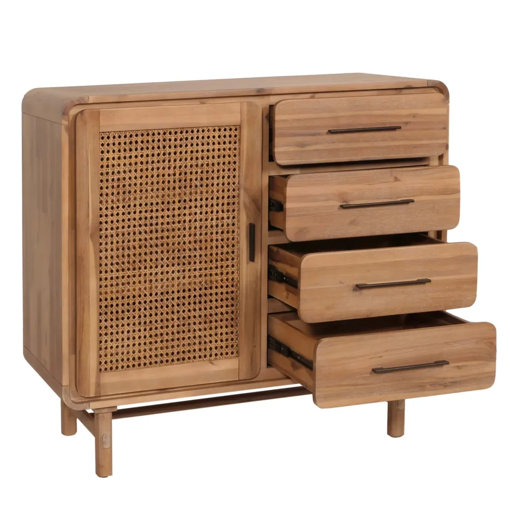 Commode armoire buffet 4 tiroirs et 3 compartiments de rangement en rotin et bois massif d'acacia teinté 101x109x45 cm 04_...