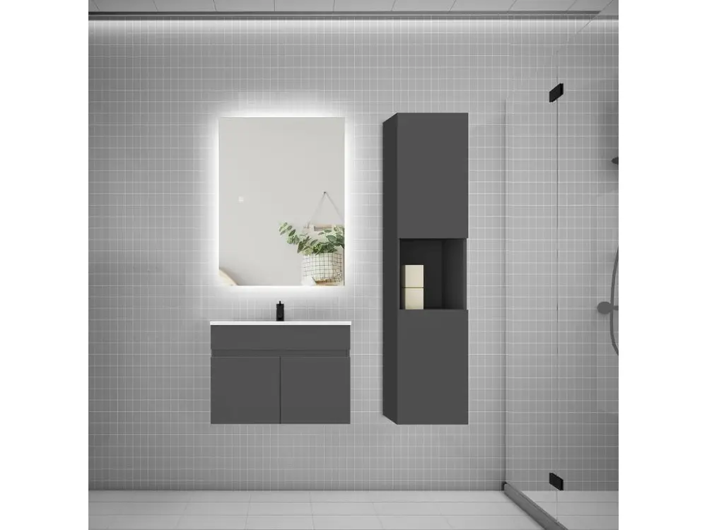 Ensemble meuble vasque 60cm lavabo + colonne + miroir,anthracite en Laiton Chromé
