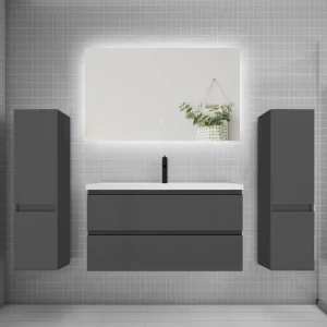 Ensemble meuble vasque L.100cm 2 tiroirs + lavabo + colonne + miroir 100cm,anthracite Résistant au Calcaire