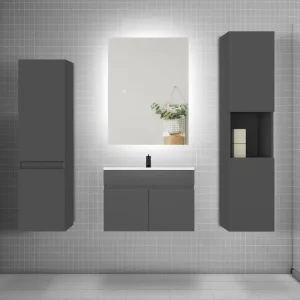 Ensemble meuble vasque L.60cm lavabo + colonne + miroir mural 60cm,anthracite (Norme NF)