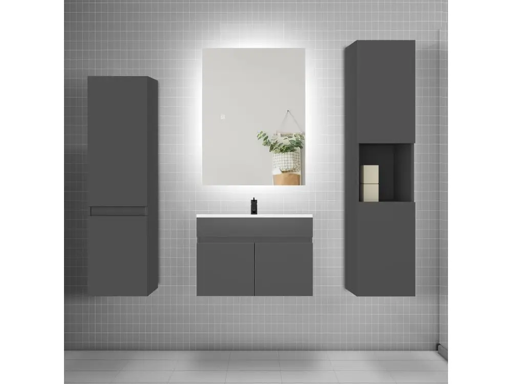 Ensemble meuble vasque L.60cm lavabo + colonne + miroir mural 60cm,anthracite (Norme NF)