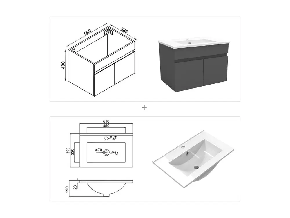 Ensemble meuble vasque L.60cm lavabo + colonne + miroir mural 60cm,anthracite (Norme NF)