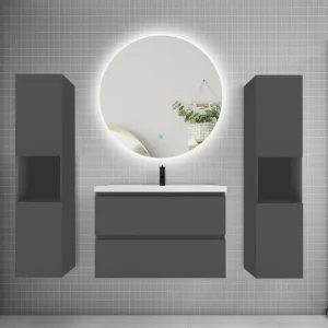 Ensemble meuble vasque L.80cm 2 tiroirs + lavabo + colonne + LED miroir rond 80cm,anthracite