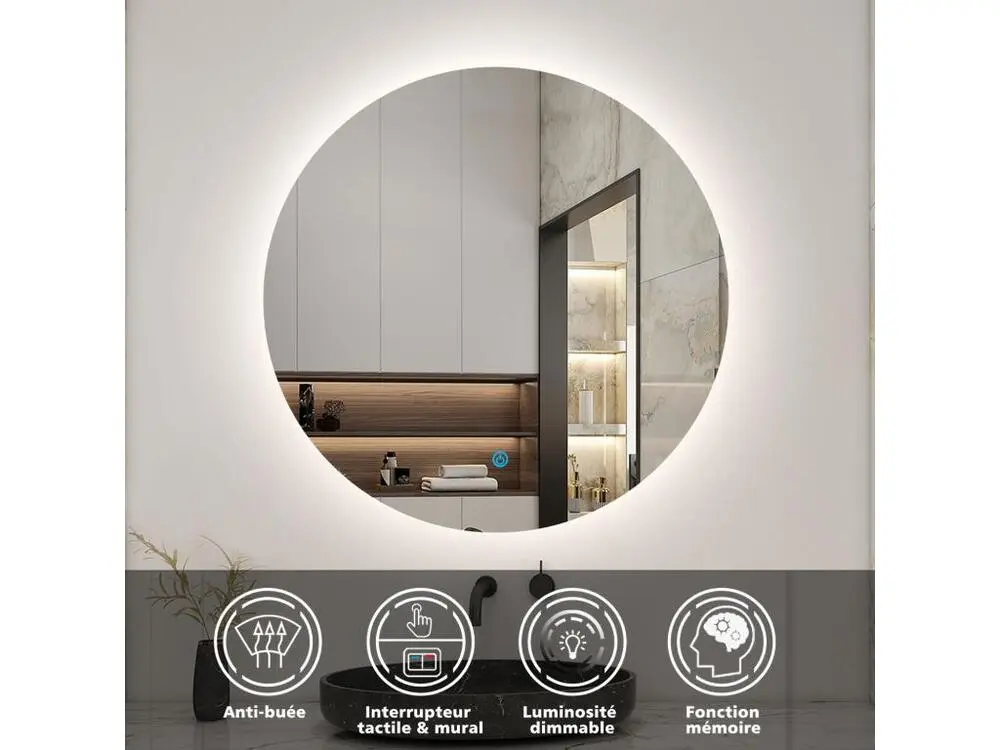 Ensemble meuble vasque L.80cm 2 tiroirs + lavabo + colonne + LED miroir rond 80cm,anthracite