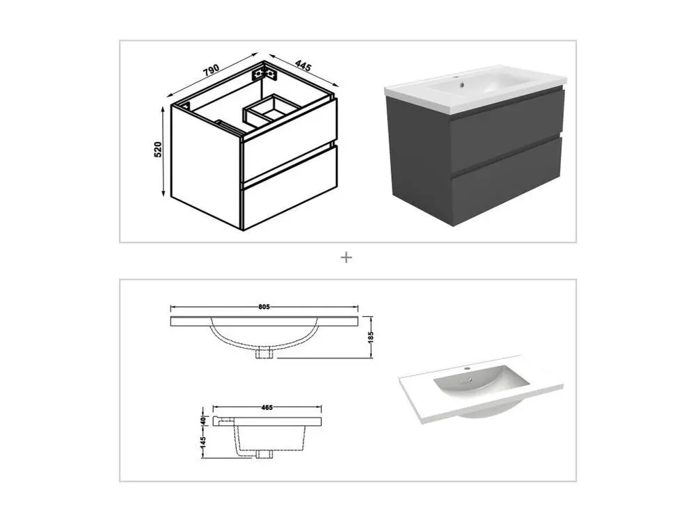 Ensemble meuble vasque L.80cm 2 tiroirs + lavabo + colonne + LED miroir rond 80cm,anthracite