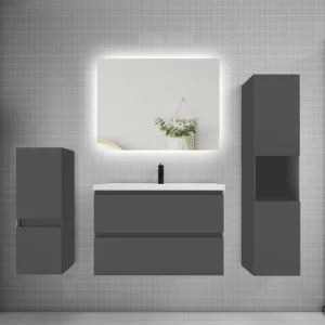 Ensemble meuble vasque L.80cm 2 tiroirs + lavabo + colonne + miroir,anthracite