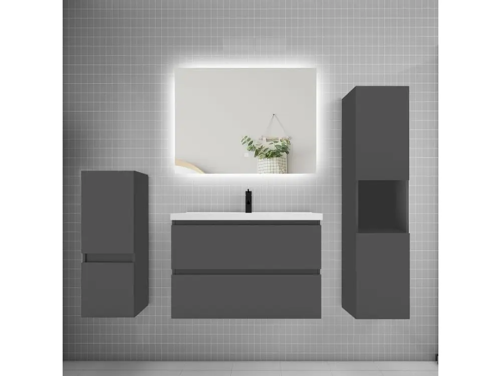 Ensemble meuble vasque L.80cm 2 tiroirs + lavabo + colonne + miroir,anthracite