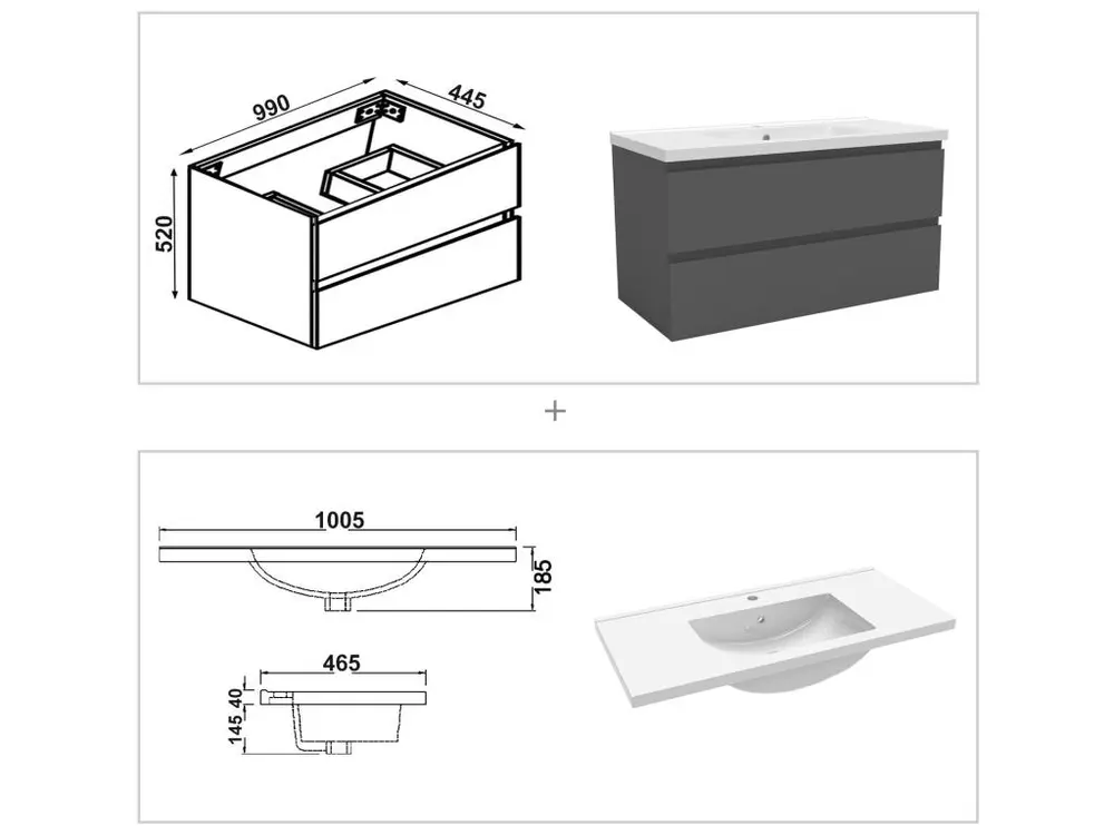 Ensemble meubles Salle de Bain 100cm aisé vasque + colonne + miroir lumineux Anthracite