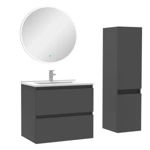 Ensemble meubles Salle de Bain 60cm vasque + colonne + miroir rond lumineux Anthracite - Installation Facile