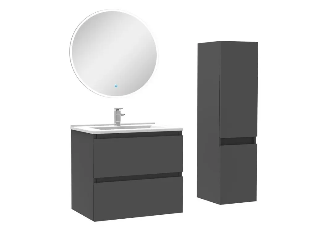 Ensemble meubles Salle de Bain 60cm vasque + colonne + miroir rond lumineux Anthracite - Installation Facile