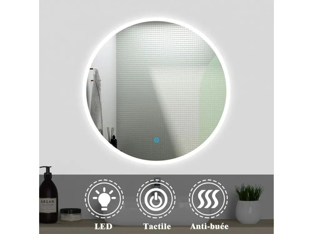 Ensemble meubles Salle de Bain 60cm vasque + colonne + miroir rond lumineux Anthracite - Installation Facile