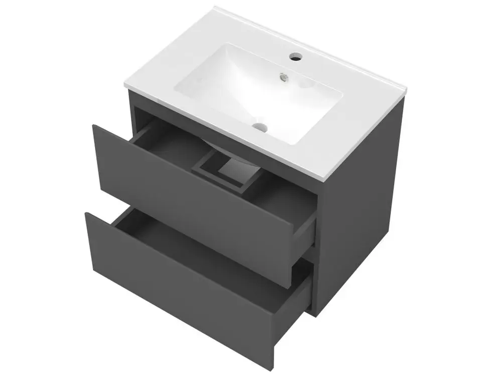 Ensemble meubles Salle de Bain 60cm vasque + colonne + miroir rond lumineux Anthracite - Installation Facile