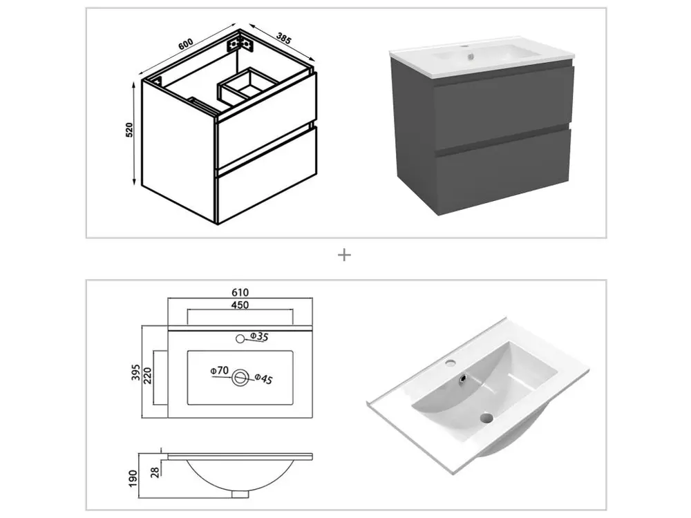 Ensemble meubles Salle de Bain 60cm vasque + colonne + miroir rond lumineux Anthracite - Installation Facile