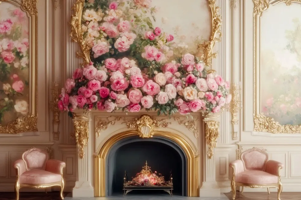 Fond victorien Fond ancien mur fleuri cheminée rose élégante LXX510-103