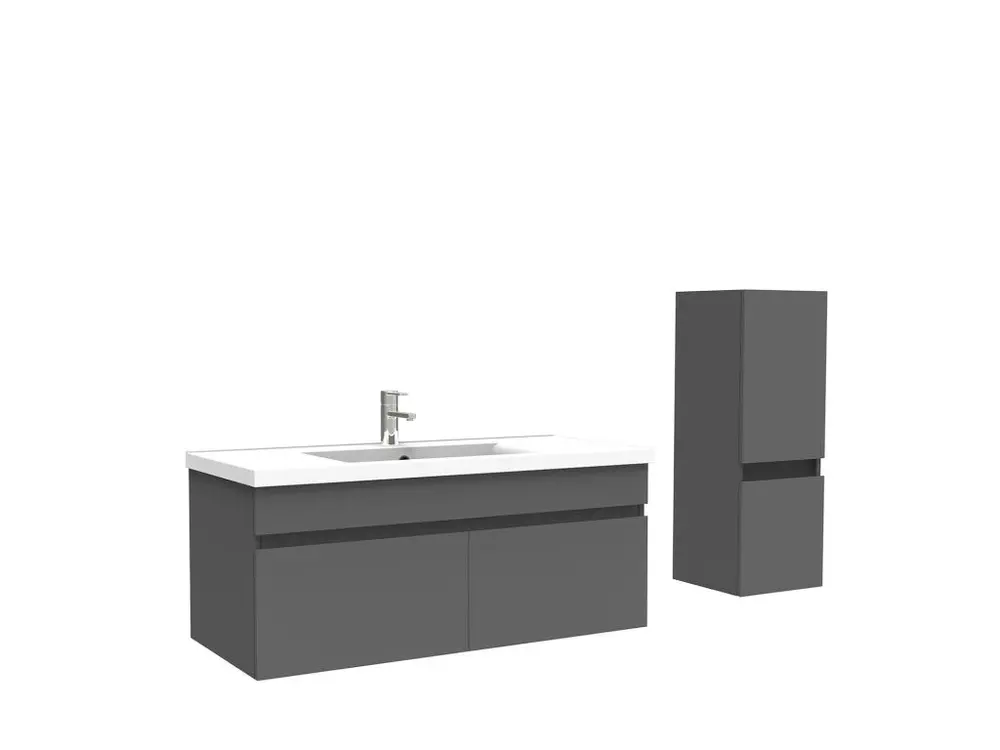 Meuble Salle de Bain 100cm Anthracite avec colonne et vasque ceramique, Aica | Économie d'Eau | Haute Pression
