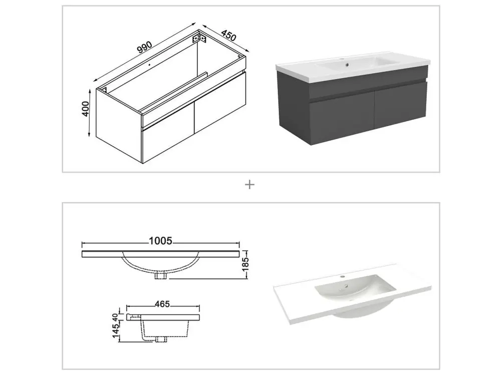 Meuble Salle de Bain 100cm Anthracite avec colonne et vasque ceramique, Aica | Économie d'Eau | Haute Pression