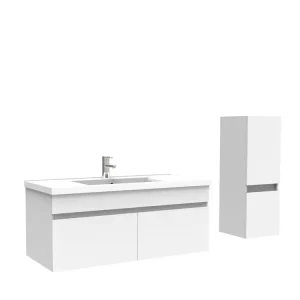 Meuble Salle de Bain 100cm Blanc avec colonne et vasque ceramique, Aica pour Douche à l'Italienne