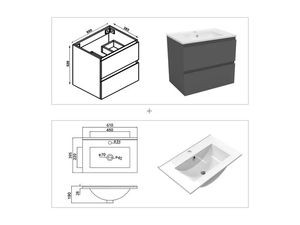 Meuble salle de Bain 60cm facile vasque avec colonne + miroir 3 couleurs Anthracite