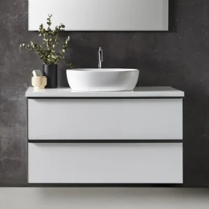 Meuble de salle de bain avec 2 tiroirs suspendus Blanc brillant + vasque à poser - Longueur 80 x Hauteur 50 x Profondeur 4...