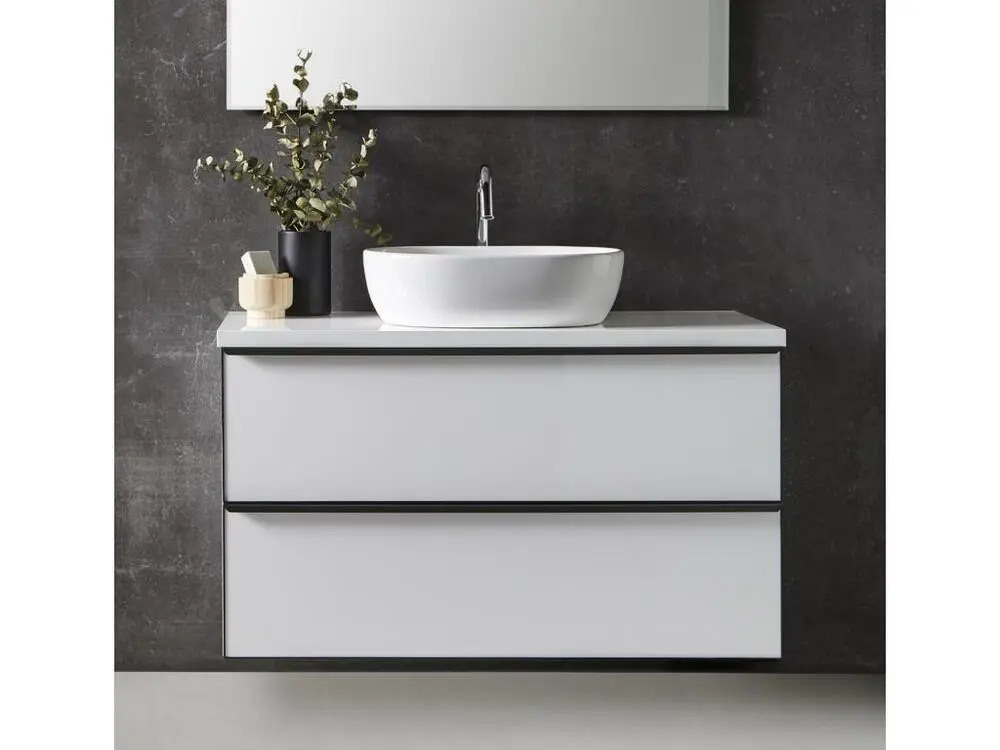 Meuble de salle de bain avec 2 tiroirs suspendus Blanc brillant + vasque à poser - Longueur 80 x Hauteur 50 x Profondeur 4...