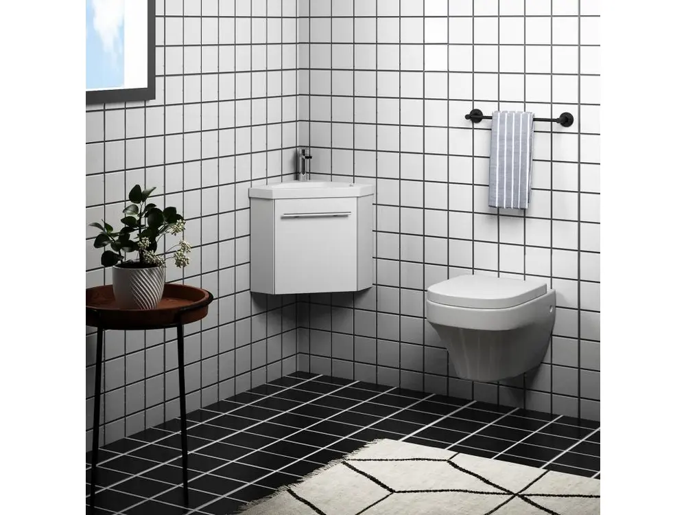 Meuble salle de bain d'angle 39.5x39.5x42cm 1 porte meuble suspendu avec la vasque couleur blanc