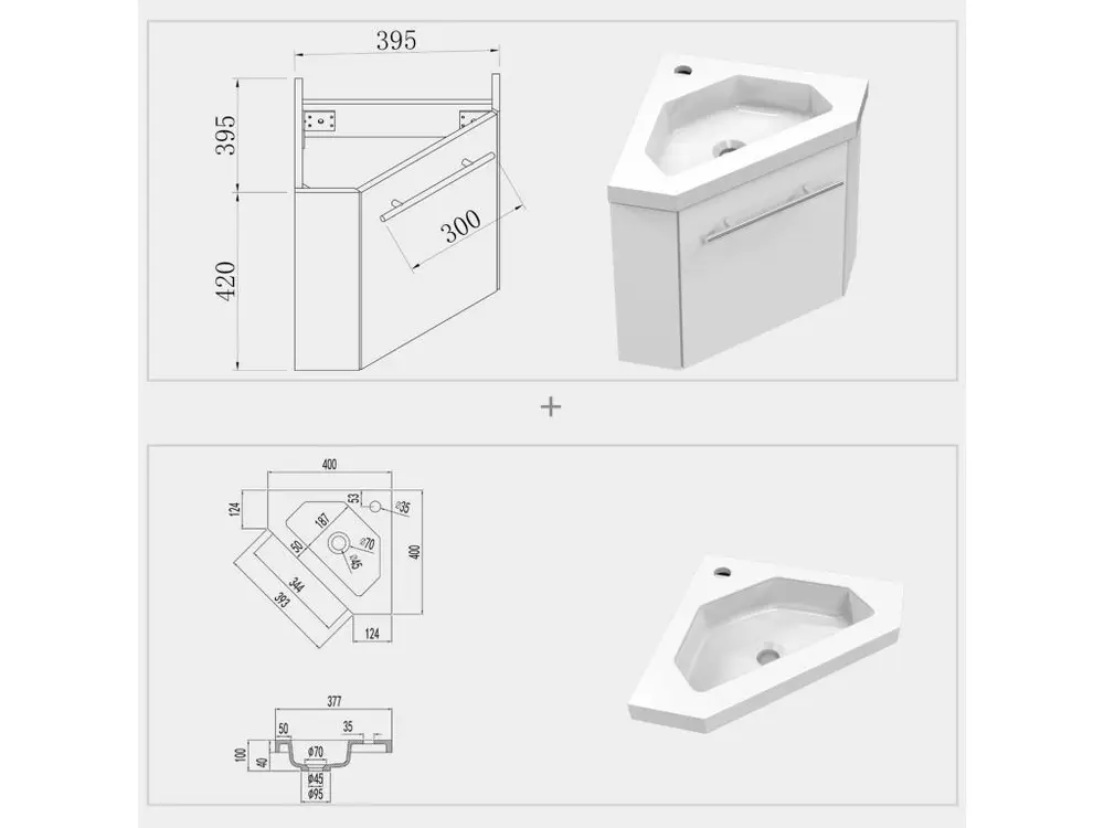 Meuble salle de bain d'angle 39.5x39.5x42cm 1 porte meuble suspendu avec la vasque couleur blanc