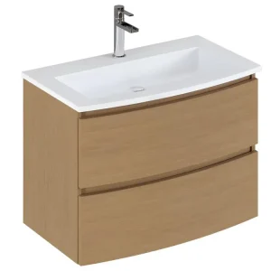 Meuble de salle de bain en mélamine coloris placage chêne - Longueur 81 x profondeur 46 x Hauteur 85 cm en Laiton Chromé