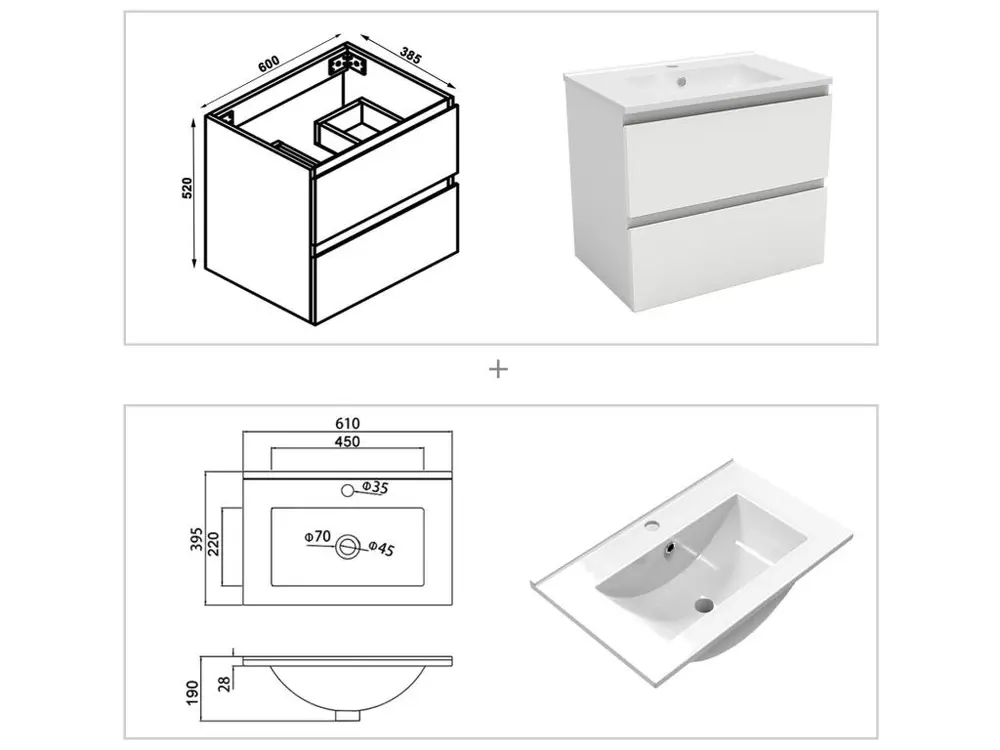 Meubles facile vasque l.60 x H.52 x P.39cm, meuble acve miroir Blanc, Aica pour Lavabo sur Colonne