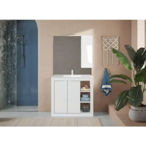 Mitigeur de douche Meuble de salle de bain avec 1 vasque et 2 portes, collection VIENNE. Coloris blanc brillant