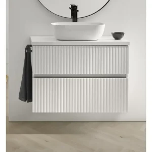 Robinet à détection Meuble de salle de bain avec 2 tiroirs suspendus avec plan laqué Blanc brillant + vasque à poser - Lon...