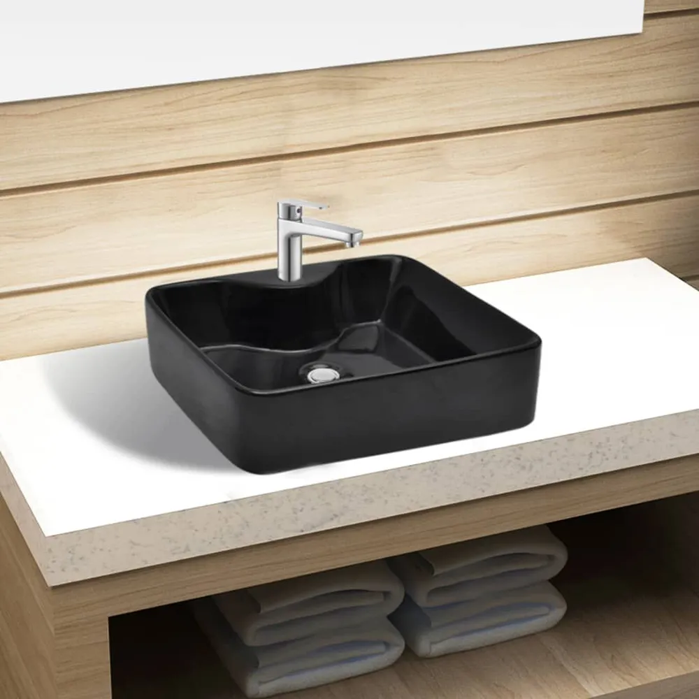 Robinet à levier unique Vasque carrée à trou pour robinet céramique Noir pour salle de bain